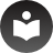 A circular icon with a dark gray background contains a white geometric shape resembling an open book or document above a small circle.