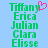 Green pixelated text list on light blue background with pink heart symbol above 'Tiffany' in left view, identical text without heart in right view.