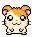 Pixelated hamster character with orange-brown and white fur, pink inner ears, black eyes, and small nose in various poses including front-facing, side views, back view, and different expressions.