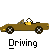 Pixel art of a yellow character driving a brown convertible car with white wheels, shown in multiple poses including side view and front-facing views.