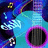 Pixelated icon with blue and purple background, cyan central shape, and pink-outlined black circular element.
