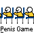 Pixel art of multiple yellow-shirted figures seated at blue desks with text reading "PENIS!!!" and "Penis Game" above and below.