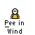 Pixelated character with white face and brown body in various poses above text "Pee in Wind" on gray background.