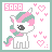Pixel art icon of a white unicorn with pink and green mane, gray outline, black eye, surrounded by pink heart shapes on white background.