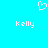 Pixelated white heart symbol above two instances of the name 'Kelly' on a solid cyan background.