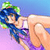 Pixelated character with blue hair and green cap, wearing blue outfit, holding white object against gradient background.