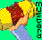 Pixelated image of a person with blonde hair wearing red clothing and blue pants against a green checkered background, with vertical black text on the right.