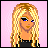 Pixel art of a blonde character with blue eyes, black top, and star-patterned jeans on pink background with text "i love lookin cute!!".