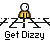 Pixelated character in yellow jacket with white head, standing on black zigzag line above 'Get Dizzy' text