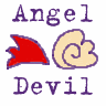 A static contact sheet showing two side-by-side options for an AIM buddy icon: one with a red angel wing labeled "Angel" and the other with a yellow devil horn labeled "Devil", separated by "-or-" text.
