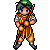 Pixel art character in orange-yellow outfit with green headwear, shown from multiple angles including front, side, and back views.