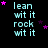 four identical displays cyan text 'lean wit it rock wit it' with pink and purple stars on a black background, one partially obscured by gray