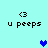 <3 u peeps text with blue heart symbols on light cyan background; two hearts animate between positions.