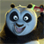Pixelated cartoon panda with wide eyes, open mouth showing tongue, black ears and limbs, light blue face, and yellowish-brown fur on head and shoulders.