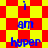 Blue text reading 'i am hyper i' on a red and yellow checkered background with a distorted, pixelated pattern.