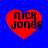 Four red heart shapes on a blue background, each containing the text "nick jonas" in black pixelated font, with varying degrees of pixelation across the hearts.