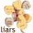 Two side-by-side animated frames of a pixelated yellow stick figure with brown limbs and pink accents, each holding four speech bubbles containing 'F' or 'T' symbols, with the word 'liars' below in different colors.