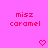 Pink background with red pixelated text 'misz caramel' and two red pixelated hearts at bottom, one solid and one outlined.