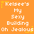 Pixelated orange background with white text reading "Kelsee's My Sexy Building Oh Jealous" repeated in three , each containing three identical copies of the phrase
