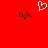 Red background with white pixelated heart symbol above two black 'hjk' text blocks on either side.