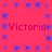 Red background with blue star-like patterns and repeated pink text "Victoria" in two