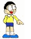 Pixelated cartoon character in yellow shirt and blue shorts, first pointing left with right hand, then pointing up-right with left hand.