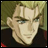 Pixelated anime-style portrait of a character with light brown hair and blue eyes, next to stylized text on a black background.