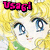 Pixelated image of a character with large blue eyes and white hair, set against a yellow background with pink text reading 'USAGI' at the top.