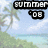 Pixelated beach scene with palm tree, blue sky, and text reading 'SUMMER 08' in blocky font.