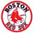 Circular red-bordered icon with 'BOSTON' text at top, central red leaf-like symbol, and four dark floral or abstract shapes around the perimeter on a white background.
