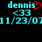 Pixelated cyan text and symbols on black background with red heart symbol above 'dennis' in left section.