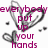 A static image with multiple overlapping heart shapes and purple text reading "everybody put up your hands" and "say I dont want to be in love" on a white background.