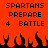 Pixelated orange background with black text reading 'SPARTANS PREPARE 4 BATTLE' and flame silhouettes at the bottom.