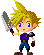 Pixel art character with spiky blonde hair, blue eyes, purple shirt, dark pants, brown shoes holding a large silver sword in various poses including attack and spellcasting animations.