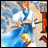 Pixelated anime-style image of two characters in dynamic pose with blue and white clothing against a blurred background, alongside black with white text