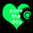 Two green heart-shaped icons with pixelated text on black background; left reads 'save the day', right reads 'dont waste a tray'.