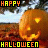 Animated Halloween-themed buddy icon featuring a smiling pumpkin with glowing eyes and mouth against an autumn landscape, displayed as a contact sheet of two sequential frames.