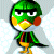 A pixelated green bird character with yellow beak and feet, red cheek spot, black eyebrows, and striped body stands against a light background next to green text reading "Original Icons .com" on dark green.