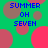 Green background with scattered pink and brown circles; blue text 'SUMMER OH SEVEN' in three lines; some circles split into halves.