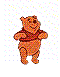 A cartoon bear in a red shirt appears in six distinct poses against a light gray background with scattered white dots.