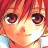 A 48x48 pixel buddy icon featuring a split composition with an anime-style character on the left and text elements on the right against a black background.