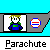 Pixel art animation of a character with spiky blonde hair and blue-green clothing, showing parachute deployment and impact on a green ground against a cyan background.