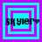 Four identical square display a cyan background with purple concentric squares and the text 'skyler' in black pixelated font, each followed by a small heart symbol