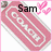 Pink pixelated icon with white text reading 'Sam' and 'GIRL' on a pink background, bordered by a light pink frame, with a pink butterfly graphic in the top-right corner.