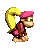 Pixelated character with yellow ponytail, pink cap and outfit, brown arms, green eyes, blowing a large pink bubblegum bubble against gray background.