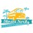 Pixelated image of a yellow vehicle on a blue water surface with palm trees and a teal banner below.