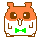 Pixel art hamster with orange-brown head, white body, green bow tie, and brown limbs on gray background.