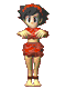 Pixelated character in red outfit with black hair and headband, shown in four sequential poses against gray background.