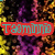 A pixelated image with three distinct text overlays in red, green, and pink against a colorful abstract background.