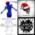 A pixelated blue figure with pink hair stands against a white background, next to a red and white object and a black-and-white abstract shape.
